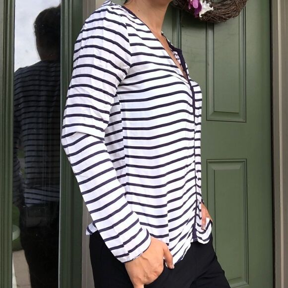 Zara Basic White Navy Striped Long Sleeve Blouse - Picture 2 of 5